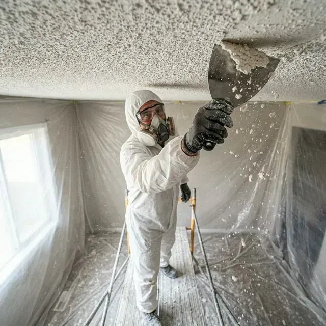 Scraping textured ceiling in a masked-off Elgin historic-district home